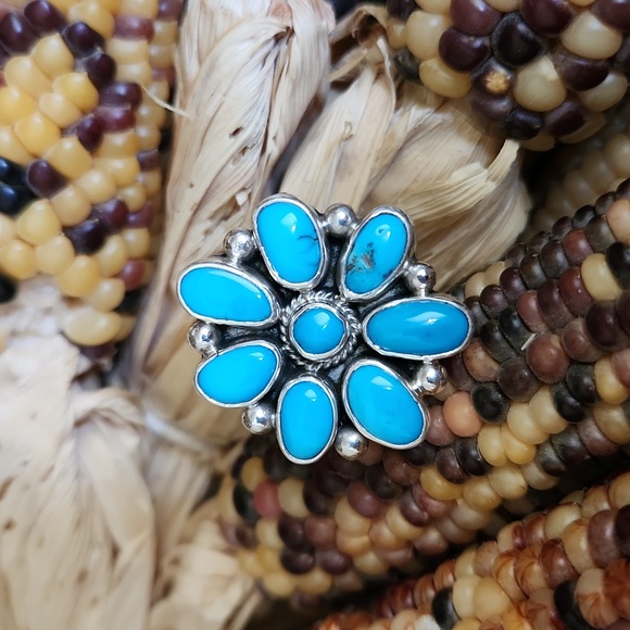 NWOT Native American Navajo Turquoise & Sterling Flower Cluster Ring 🩵💍🎁 - Picture 11 of 11